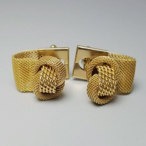 Vintage Simmons Yellow Gold Filled Knot Cufflinks, Mesh Wrap Around, Estate - Picture 1 of 7